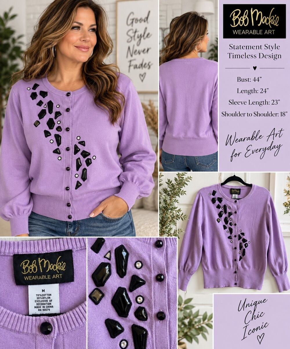 Bob Mackie Wearable Art Women M Lavender Cardigan Black Beaded Embellished Y2K